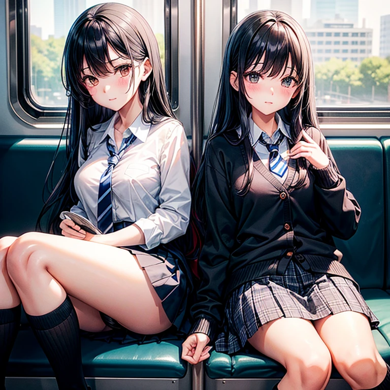 High school girl with long black hair、navy checkered skirt、Navy blue high socks、Black cardigan、White blouse and tie、On the train、Black loafers、Peach-colored panties