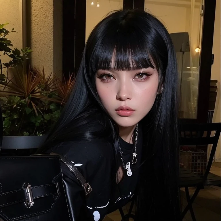 there is a woman with long black hair and a black bag, Ela tem cabelo preto com franja, cabelo preto longo com franja, cabelo blackbangs cabelo, cabelos escuros longos com franja, cabelo comprido com franja completa, franja preta, Retrato de Jossi de Blackpink, cabelo preto e franja branca, com franja completa, cabelos longos com franja, Sui Ishida com cabelo preto