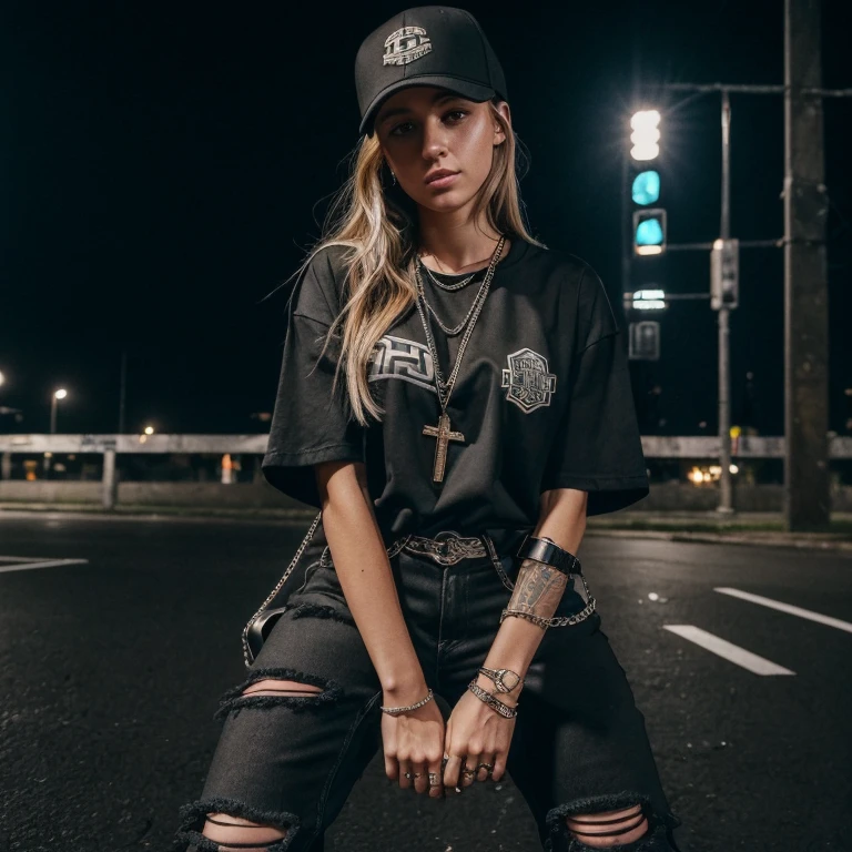 "(25-year-old Caucasian female in high quality and resolution, detailed face, full body) wearing an ultra-realistic streetwear:1.2 with a plain black shirt and a black trucker cap, black jeans with rips at knees, black boots, chain with cross pendant. Surrounded by a dystopian cyberpunk nightscape. "