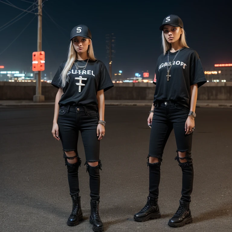 "(25-year-old Caucasian female in high quality and resolution, detailed face, full body) wearing an ultra-realistic streetwear:1.2 with a plain black shirt and a black trucker cap, black jeans with rips at knees, black boots, chain with cross pendant. Surrounded by a dystopian cyberpunk nightscape. "
