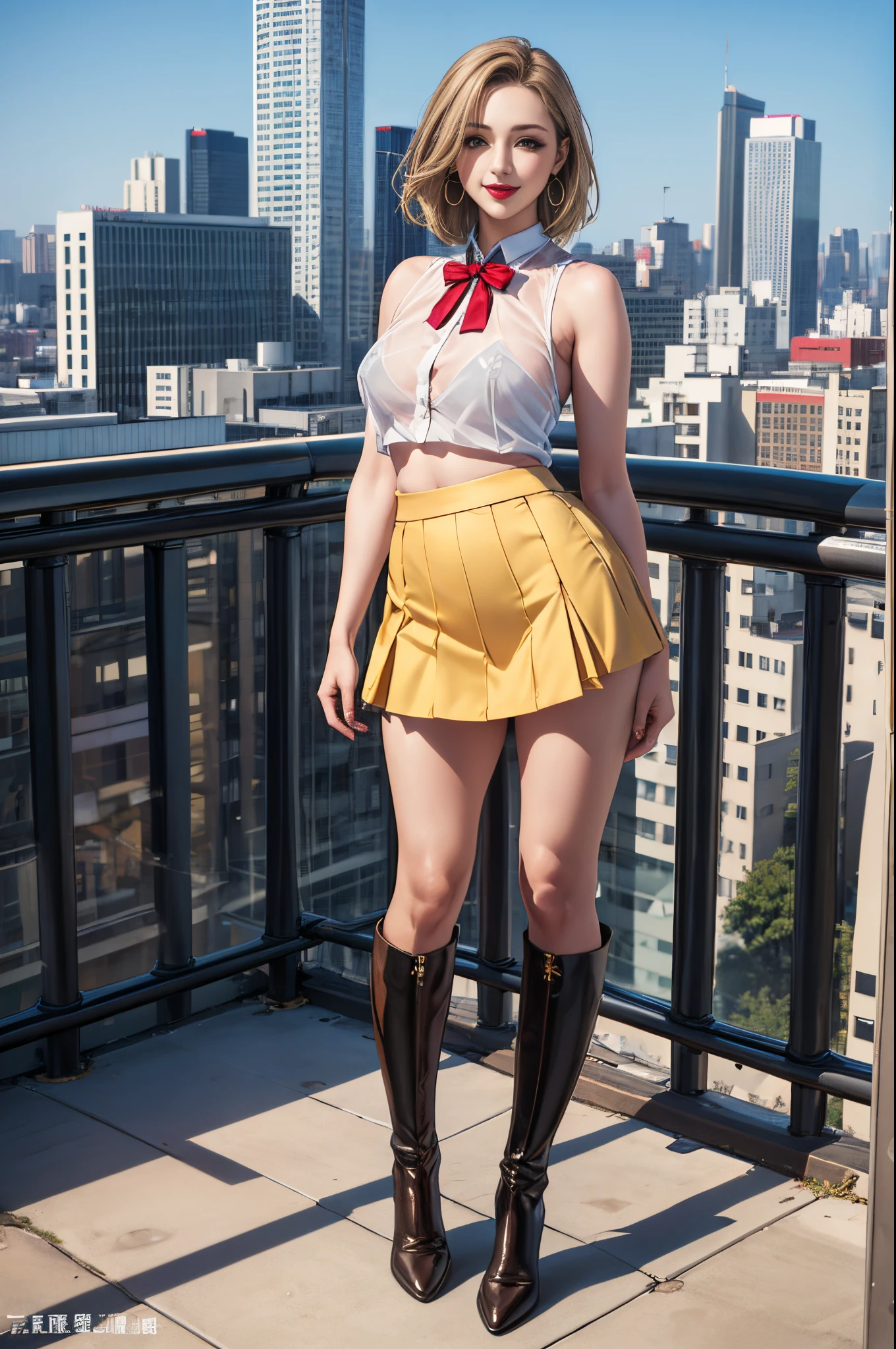 (Blonde or Brown hair),Ultra realistic 8K, Three mature females、flawless,(Red Lip,Heavy makeup), Earring、Small breasts、Slender hip、Standing in the roof of skyscraper at midnight、Nikon Z 85mm, ((Best Quality)) ,((masterpiece)), intricate detailes,Photorealistic、Extremely delicate and beautiful, ((Sleeveless、See-through School Uniform、mini skirt)):1.4、（Gold Strapless Long boots with high pin heel）:1.2、Full body shot:1.0,tempting smile、NSFW:1.0