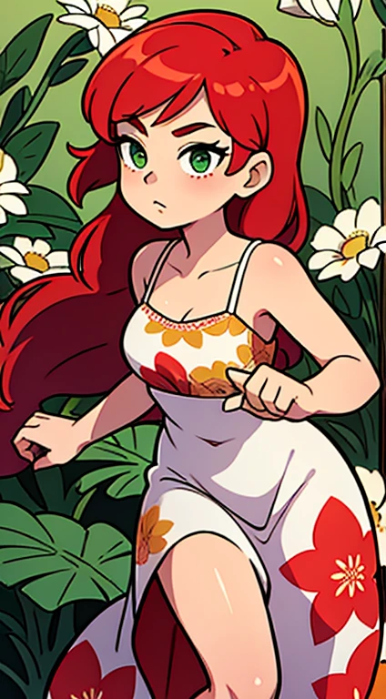 An Elegant Woman in a sundress with a floral pattern with Red Hair and Green Eyes