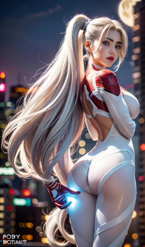 long shot, full body shot from behind, sexy beautiful woman centered,, (((seductive pose, showing cute small butt))), (masterpiece:1.4), (8k, photorealistic, RAW photo, best quality: 1.4), japanese, (1girl), (((big saggy breasts, gravity breast), beautiful face, (realistic face:1.4), (long white hair, ponytailed long hair:1.3), beautiful hairstyle, beautiful detailed eyeest ratio eyes:1.5), attractive, ultra high res, ultra realistic, highly detailed, best ratio, (detailed face:1.4), looking at viewer, red lipstick), (ratio fingers:1.5), (White Spider-Man superhero theme, charismatic, spider woman leotard costume, she's a superhero), (((textured white bodysuit))), [ ((25 year old body, (realistic blue eyes:1.2), (pose), (cityscape, at night, dynamic light full moon))] ((saggy breasts))