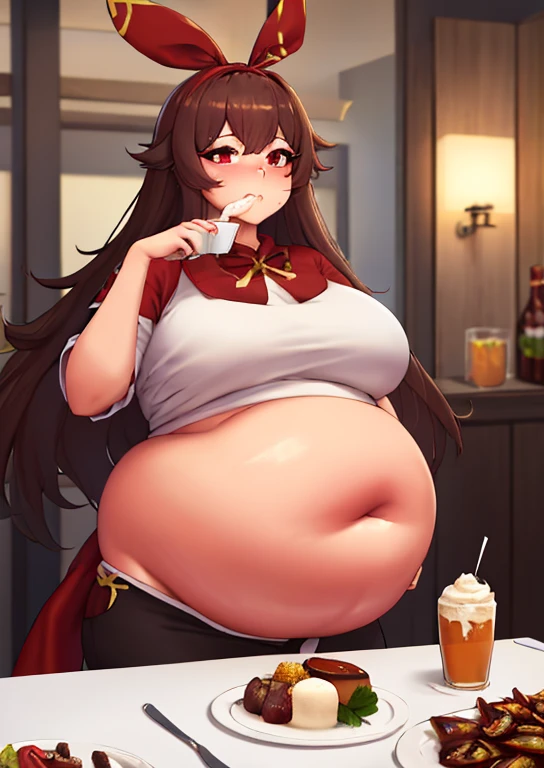 fat, large belly, big belly, very fat, large stomach, chubby (best quality, masterpiece), fat belly, at, large belly, standing, grabbing belly, very fat, Amber genshin Impact, Amber, red bow on top of hair, brown hair, standing, table full of food, fat belly, eating cream