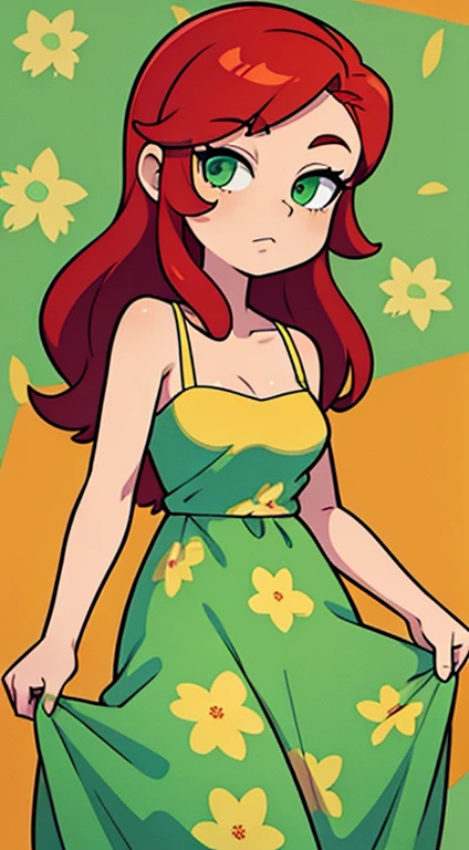 An Elegant Woman in a sundress with a floral pattern with Red Hair and Green Eyes