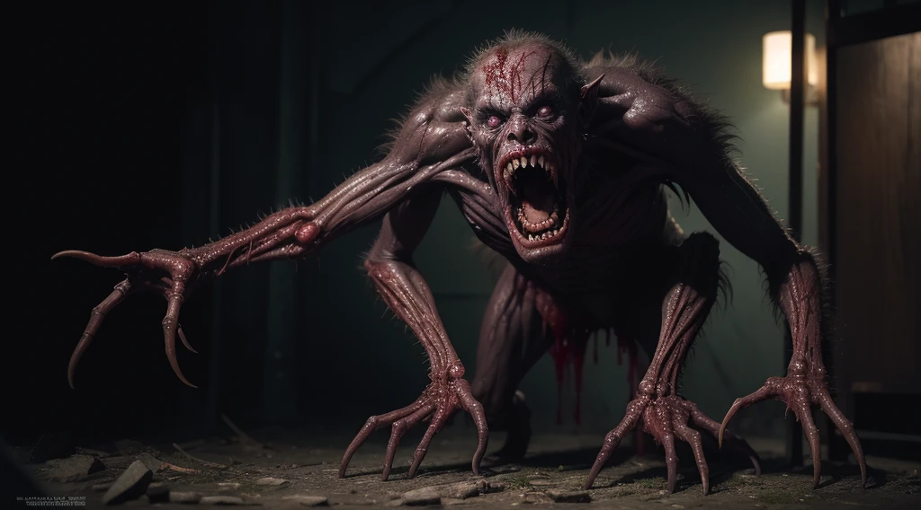 realistic photo, humanoid monster with extra limbs , screaming at the viewer, dread, abomination, creepy, blood, (ultra detailed, absurdres:1.2), the thing