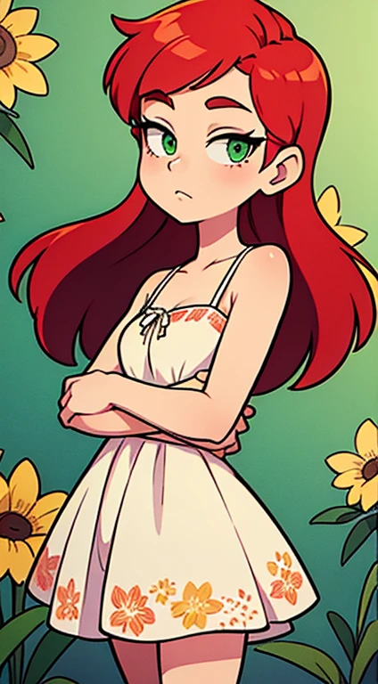 An Elegant Woman in a sundress with a floral pattern with Red Hair and Green Eyes