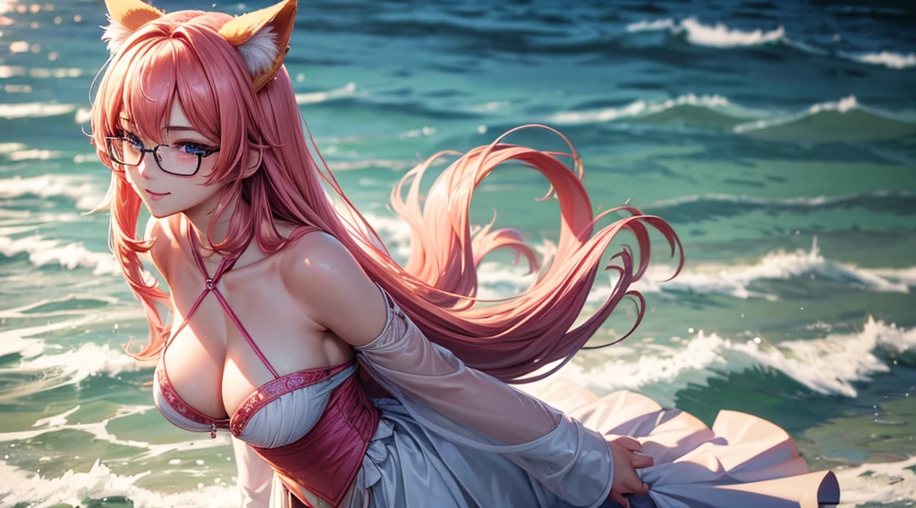 (masterpiece, best)), (1girl), (mature woman), Pink hair, open-chest seduction, flared, (kemonomimi lady), bangs, medium breasts, glasses lady, (full), slim, smile, [wide hips], standing, 8K picture quality, sexy seduction, (open-chest) (Sharp focus: 1.5), (sharp focus:1.2), (beautiful face:1.1), (eye makeup:1.2), (tight body:1.2), (flowery dress:1.2) (the beach:1.2). (morning sun lighting:1.2), ((Masterpiece)), (highest quality))), (Character design sheet, national costume, same character, front, side, back), (simple background, white background: 1.3) ( Masterpiece:1.2), (Best Quality:1.3) (best quality:1.1) realistic:1.37 long, flowing:1.1 luscious, plump:1.1 sparkling sequins:1.1 subtle, Peach:0.9 soft, warm:1.1 best quality,4k,8k,highres,masterpiece:1.2, realistic,photorealistic,photo-realistic:1.37, ultra-detailed:1.1 busty animal ears, beautiful, detailed ears:1.1 best quality, 4k, highres, masterpiece:1.2 detailed, piercing eyes:1.1 4k, 8k, highres, masterpiece:1.2 very three-dimensional: 1.2 (8k, best quality, masterpiece:1.2 ((masterpiece, best)) Waiting to start