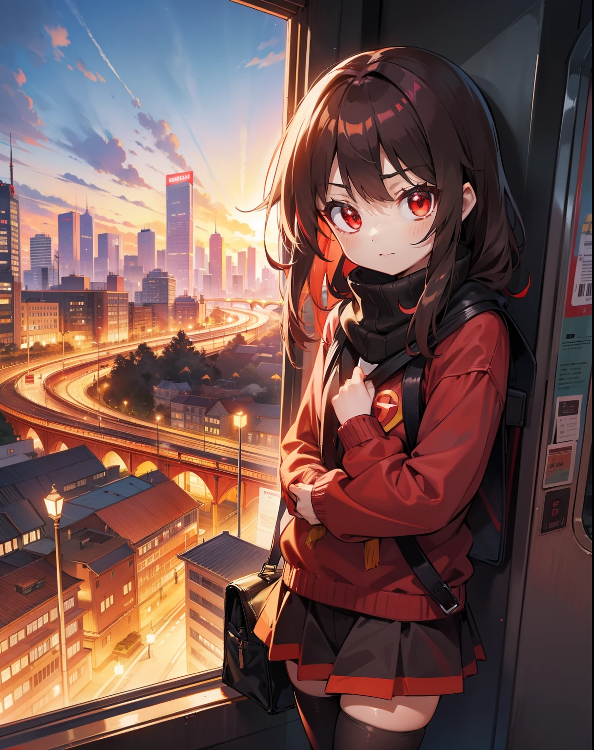 1Megumin, cabelo curto castanho,, Building,o, sweater, dia, casual, knee tights, Mangas compridas, saia vermelha, red eyes, train station,