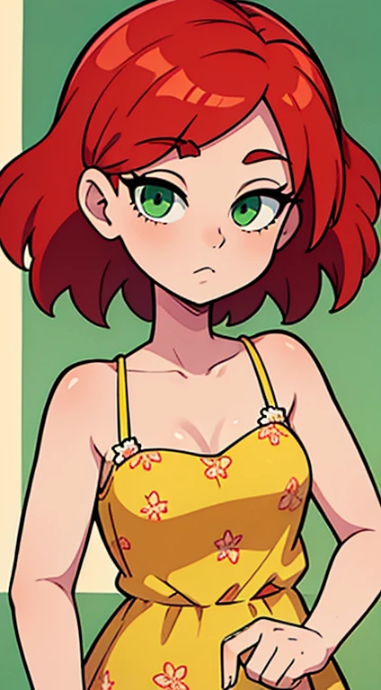 An Elegant Woman in a sundress with a floral pattern with Red Hair and Green Eyes