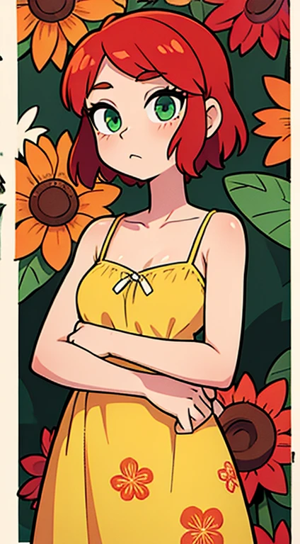 An Elegant Woman in a sundress with a floral pattern with Red Hair and Green Eyes