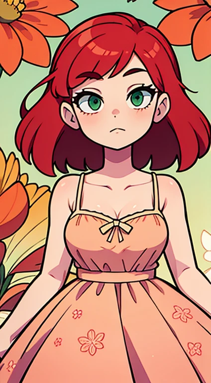 An Elegant Woman in a sundress with a floral pattern with Red Hair and Green Eyes
