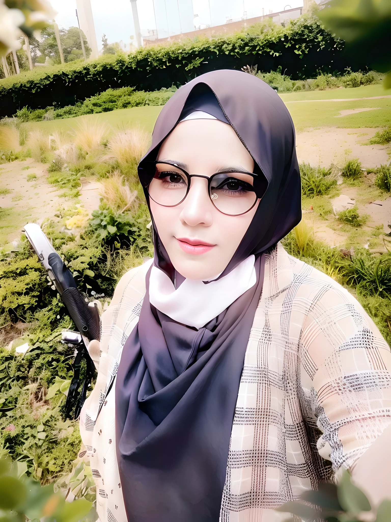there a woman wearing a scarf and glasses holding a gun, with sunglass, hijab, in garden, in a park, with lovely look, inspired by Bernardino Mei, in sunny weather, !!wearing modern glasses!!, white hijab, !!wearing glasses!!, potrait, selfie!!!!!, handsome girl, with glasses, comming, protrait, in desert