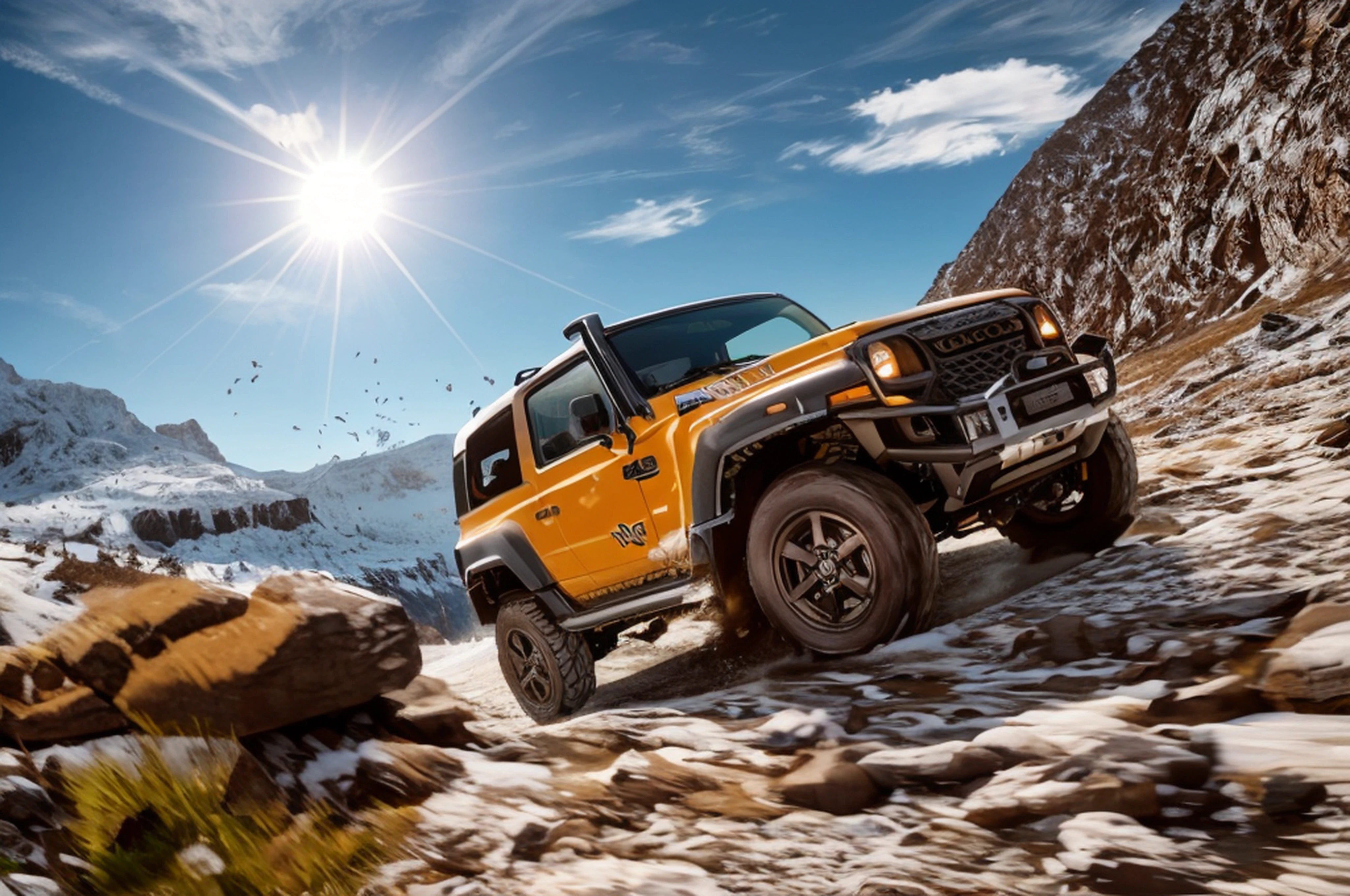 (Best quality:1.4)(Best Picture Quality:1.4)(ultra clear details:1.4)( photo:1.2)Vehicle driving on rocky road in mountains, vehicle photography, off-roading, off-roading, shooting, caramel. rugged, Mahindra Valley, vfx, exploration, automotive photography, adventure hyper realistic render, hyper realisitc,and the sun was shining brightly,horizon,