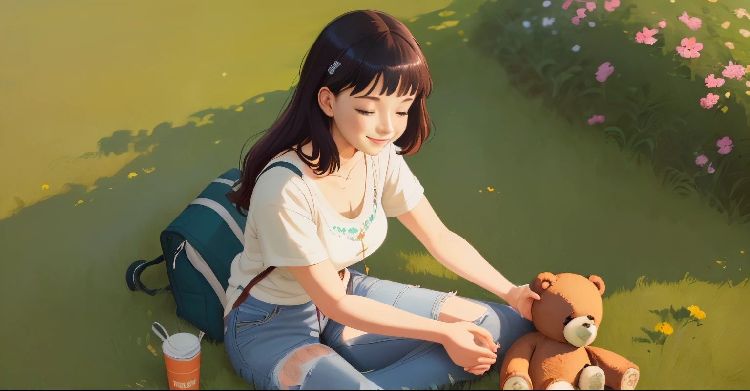 there is a woman sitting with her eyes closed and smiling on the grass with a teddy bear beside her, Arte no estilo de Guweiz, Elogio Artstyle, menina lofi, Arte Lofi, em estilo de atey ghailan, Artgerm e Atey Ghailan, Paisagem de Ilya Kuvshinov, inspirado em Atey Ghailan, lofi girl aesthetic