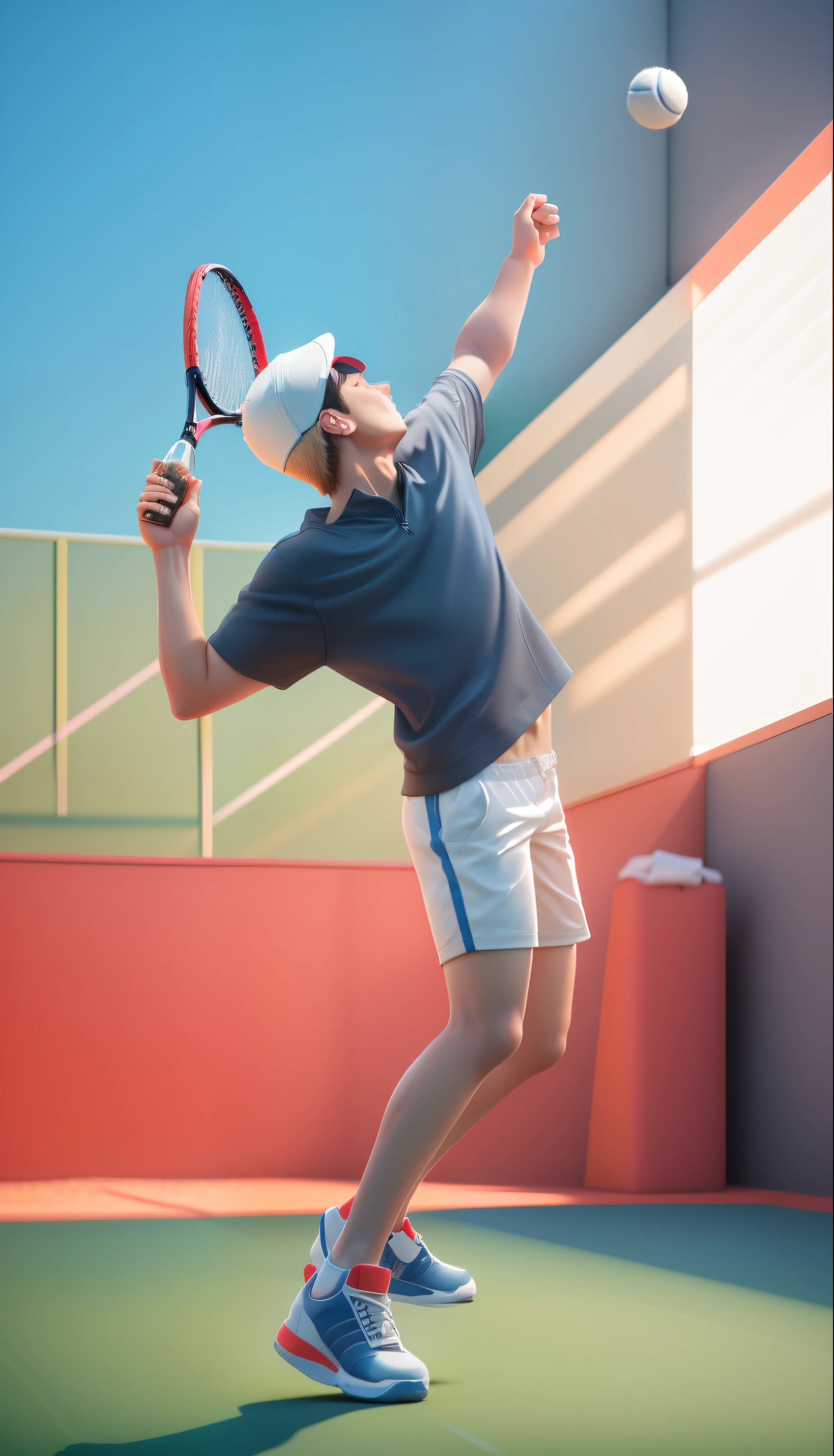 A boy plays tennis on a tennis court, (playing tennis 1.2), (full bodyesbian: 1.2), short detailed hair, track suit, light smile, athlete, stadio, Overclocked renderer, c4d, blindbox, Cute 3d anime boy rendering, perfect litthing, The full body of the character, sunhat, athletic sneakers, Pop Mart Style Art SFW, (tmasterpiece:1,2), Best quality at best, tmasterpiece, Original, very detailed wallpaper, perfect litthing,(extremely detremely detailed CG:1.2),