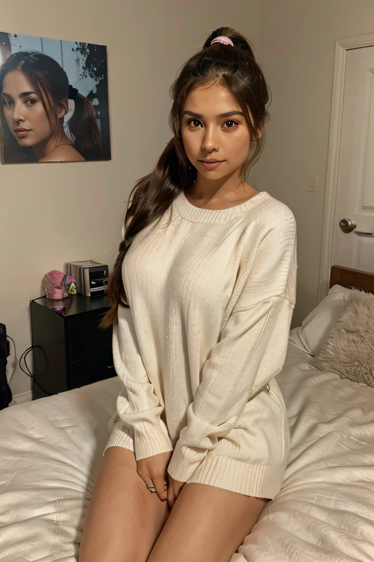 latina woman, long hair in a ponytail, going to bed, with sweater, in her room