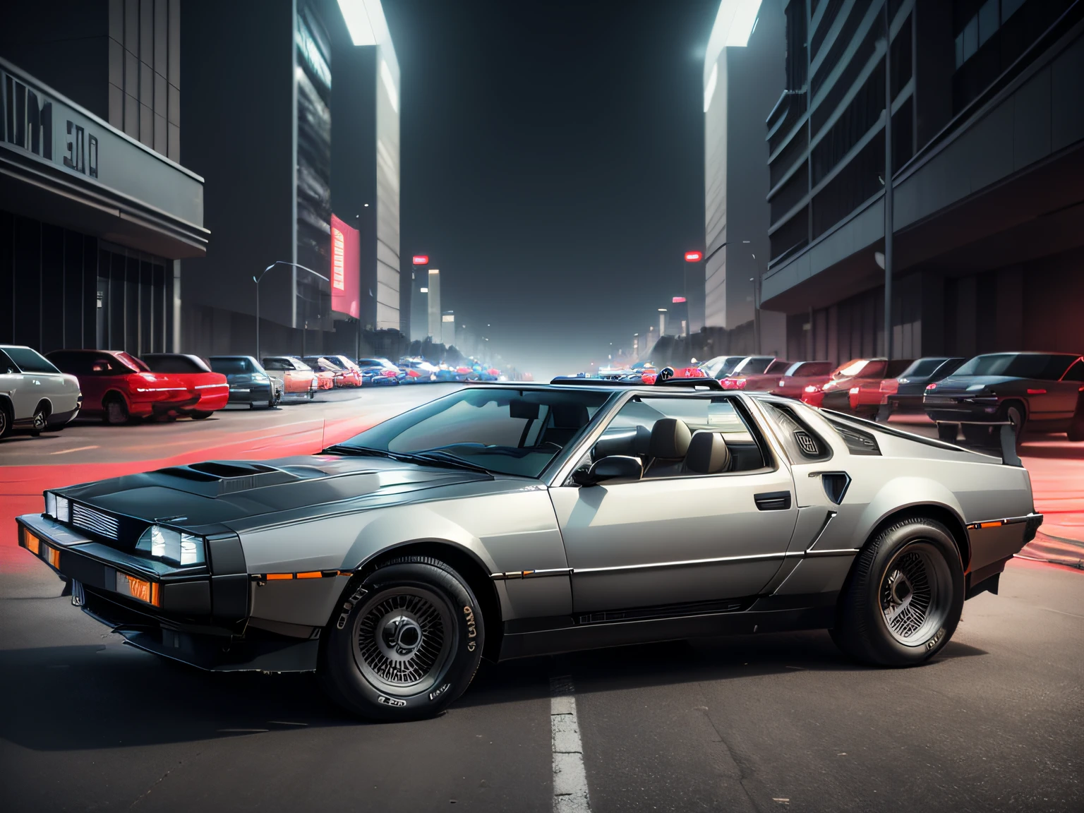 DMC DeLorean cor prata metallic, a pintura reflete tudo ao seu redor, em um posto de gasolina com neon, o posto e o carro tem muito neon, estilo cyberpunk, ultrarealista