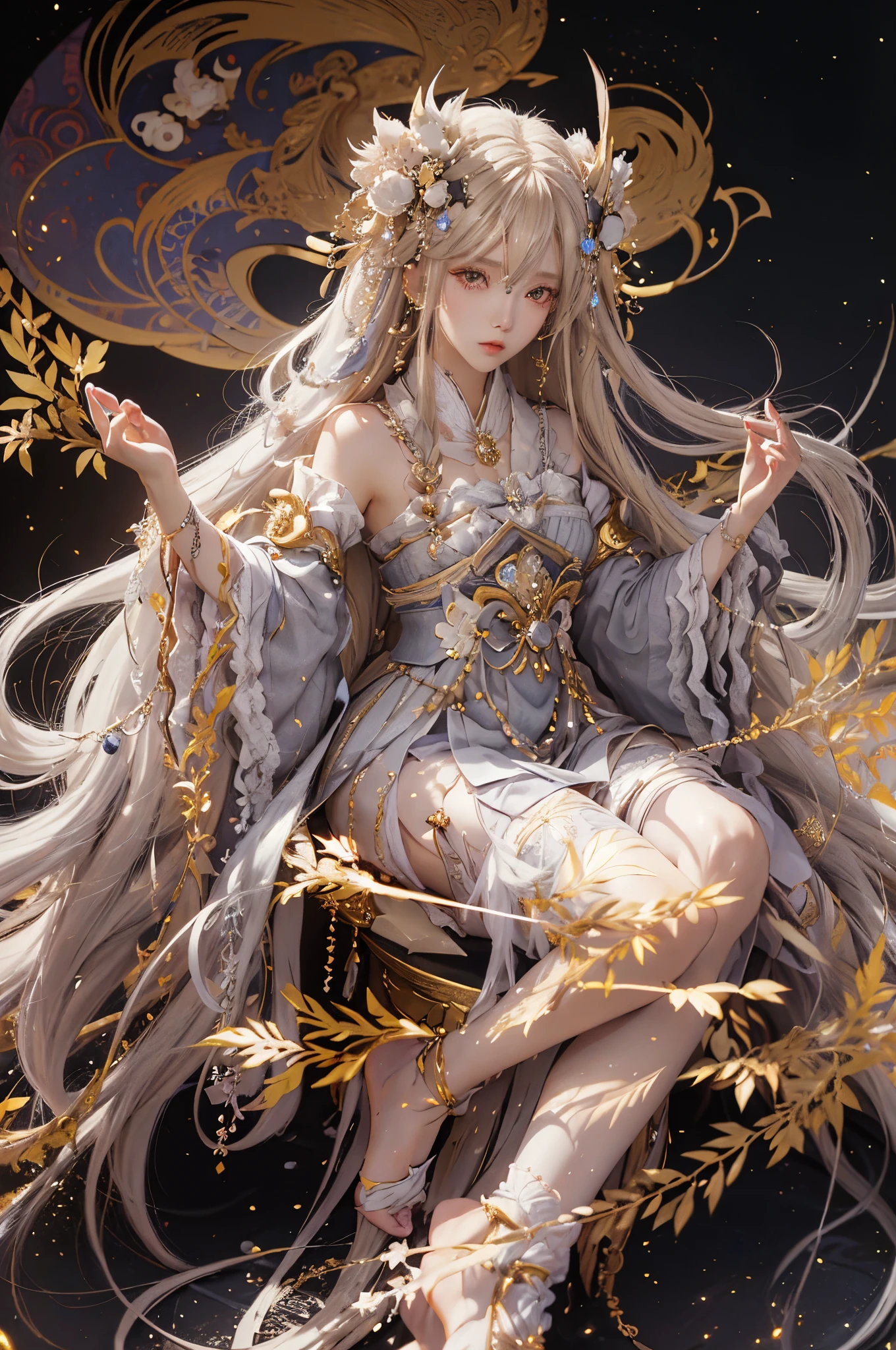 Anime girl with long blond hair and gold jewelry in front of black background, onmyoji detailed art, anime goddess, onmyoji portrait, onmyoji, white-haired god, the goddess artemis smirking, lunar goddess, Complex and gorgeous anime CGI style, beautiful fantasy empress, Works of the Goddess of Sorrow, lunar goddess, lunar goddess