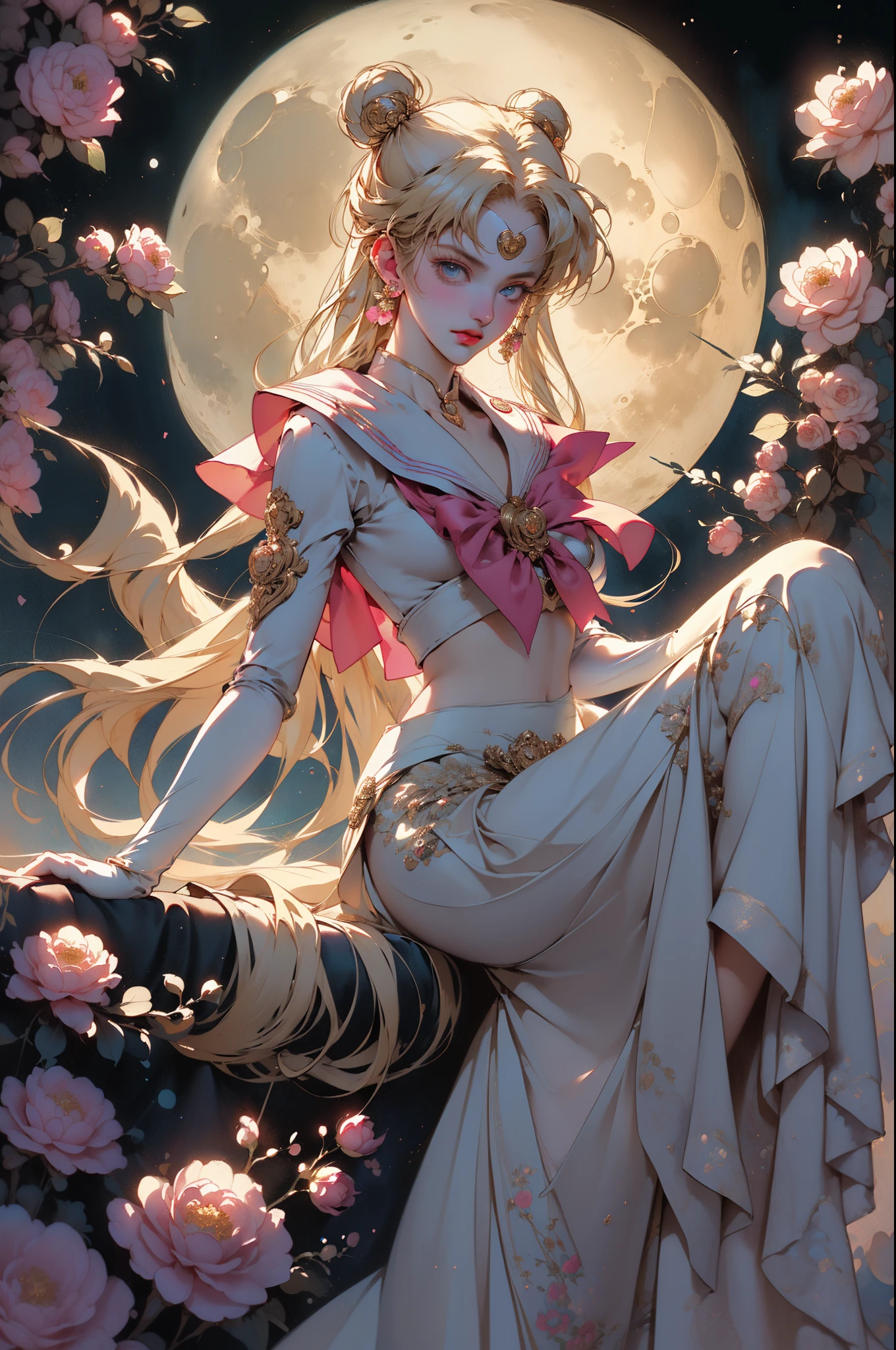 masterpiece, best quality, (1girl), supersailormoon, detailed face, smile, nigh sky, moonlight, moon, sakura trees, white gloves, detailed eyes, detailed face, fullbody, galazy background, gigantic breasts, giga_busty, back view from below