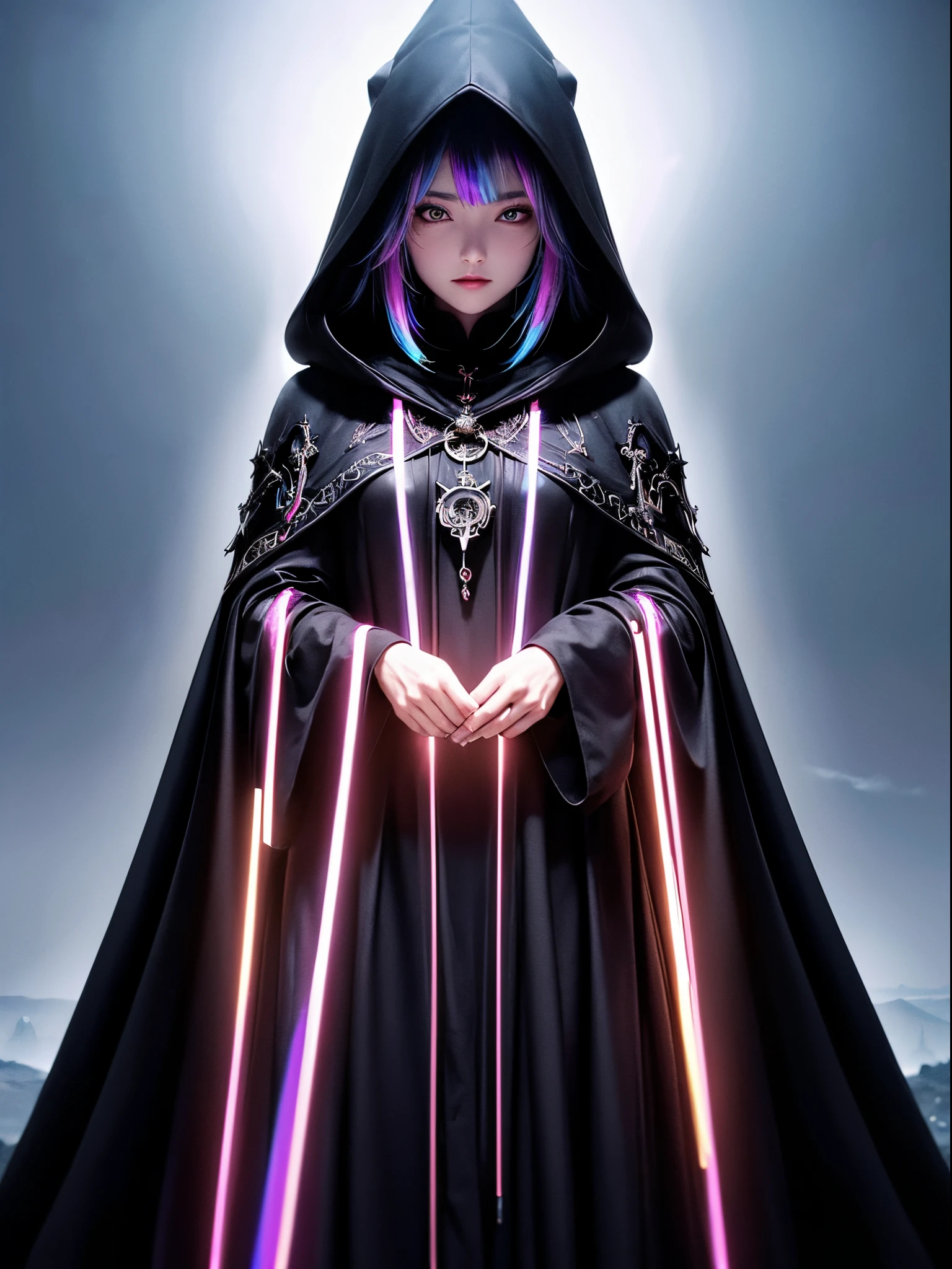 A female black magician, (((with a completely black cloak that exudes a black aura))), heterochromatic luminous eyes, using a sphere that reads the future, in a totally dark forest, showing little of her face, full body, full black, {extremely detailed 16k CG unit wallpaper}, expansive landscape photography, (a low view focusing on the character and setting), (wide open field view), (low angle shot), (high light : 1.0), (low light: 1.8), (warm light source: 1.0), complex details, (iridescent colors: 1.2), (bright lighting), (atmospheric lighting), Dreamy, unique, archmage
