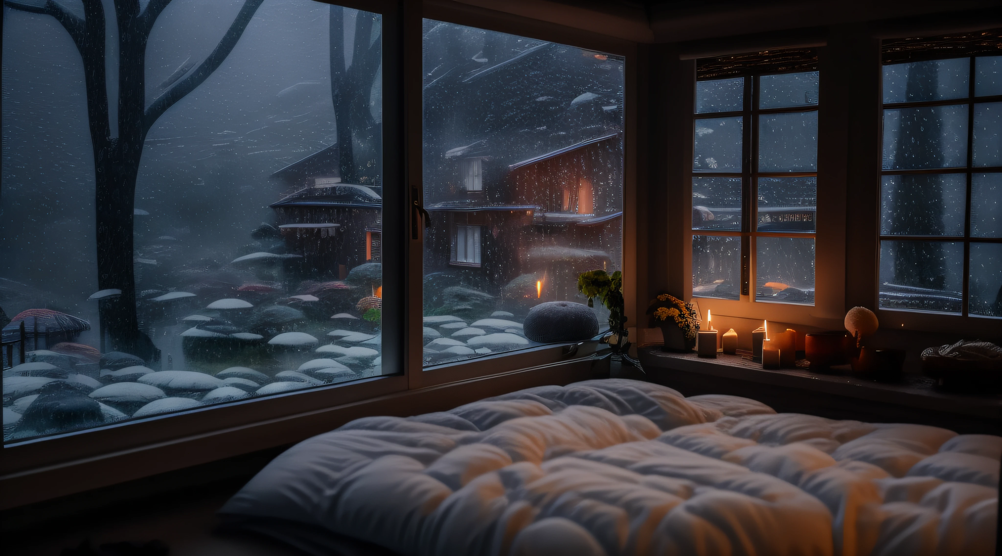 view of bedroom with bed and window with candles, comfortable and peaceful atmosphere, comfortable place, comfortable and quiet, there is fire burning wood, comfortable room, comfortable environment, comfortable wallpaper, comfortable atmosphere, heavy rain at night, outside it is raining window looks wet, rainy night, comfortable bed, rainy light from the window, cozy aesthetic, rain falling outside, cozy home background