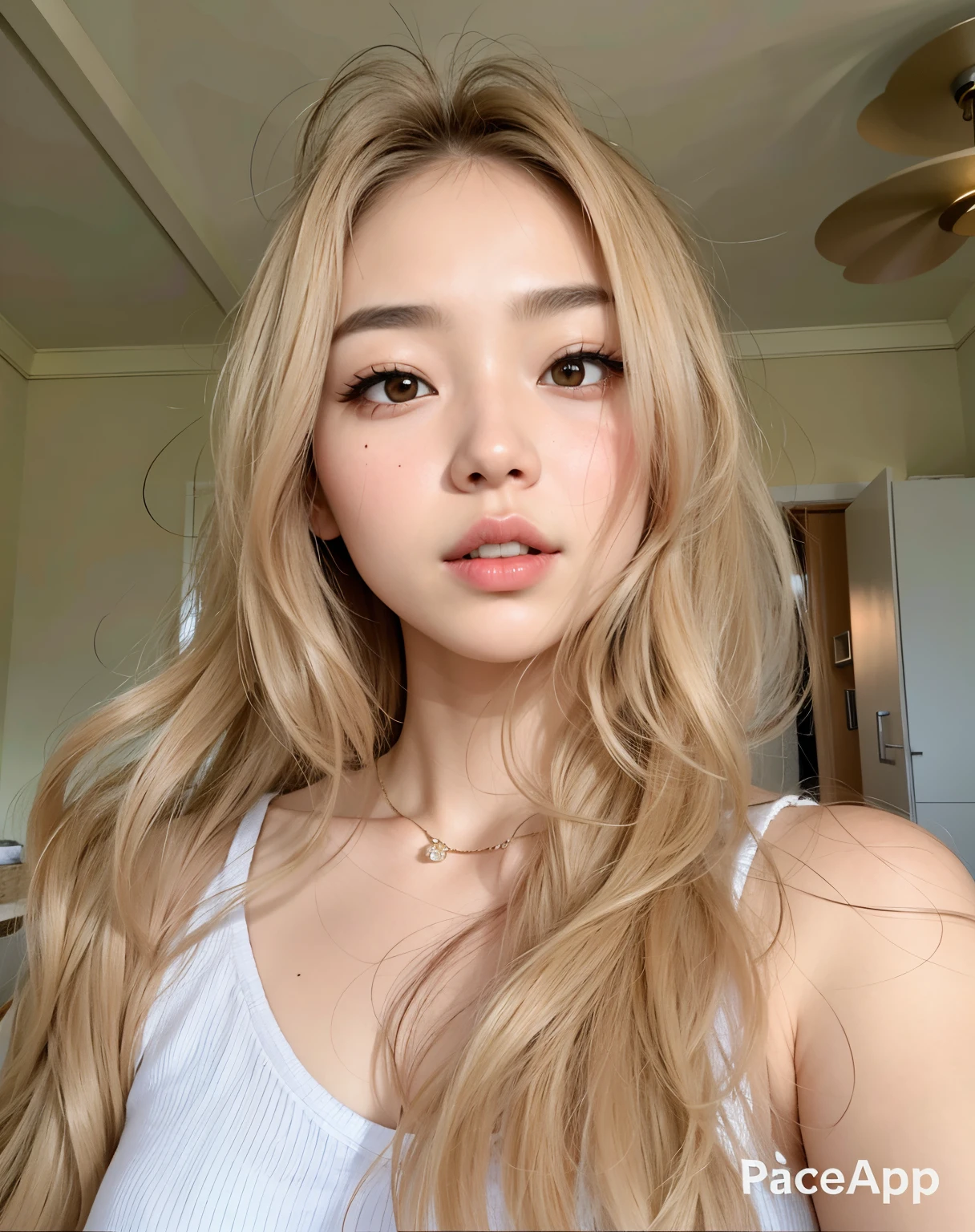 Un primer plano de una mujer con cabello largo y rubio y una camiseta blanca sin mangas, Joven y adorable rostro coreano, Hermosa joven coreana, Hermosa mujer surcoreana, Parque Roseanne de Blackpink, 8k selfie photograph, Hermosa joven coreana, maquillaje popular de Corea del Sur, Beautiful aesthetic face, maquillaje coreano popular, Wan adorable cara coreana, Chica coreana, Cara delicada y encantadora