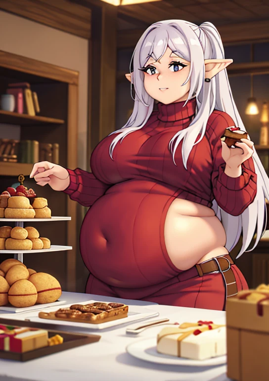 fat, large belly, standing, grabbing belly, very fat, large stomach, chubby (best quality, masterpiece), fat belly, at, large belly, standing, grabbing belly, very fat, large stomach, chubby (best quality, masterpiece), thanksgiving, wearing sweater, grabbing belly, sitting down, table with of food, table tons of food, lots of food, holding belly, table with food, sitting, wearing sweater, Christmas, Holiday, Christmas cookies, Frieren, white hair, pointy ears