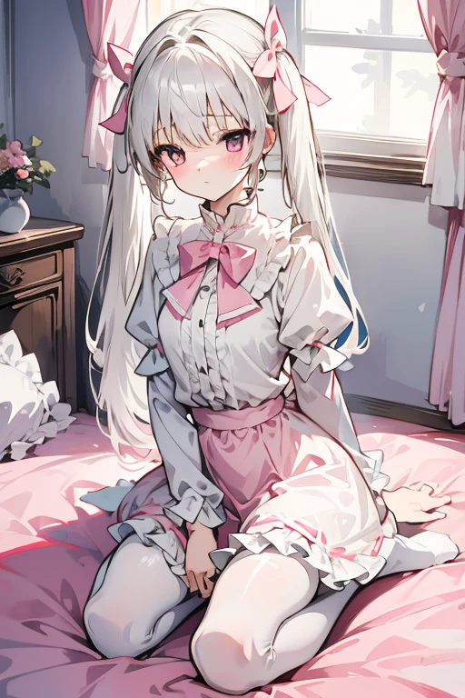 White hair,Pink eyes,Light blue ta,White tights,pink bows,inside in room,kneeling on a bed