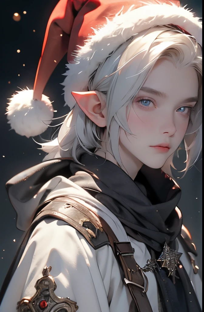 cute young kid, male , child , pale skin, enface, masterpiece, stablediffusion, detailed face and eyes,santa hat, winter outfit, fur, cape, hood, , portrait, elf, white hair