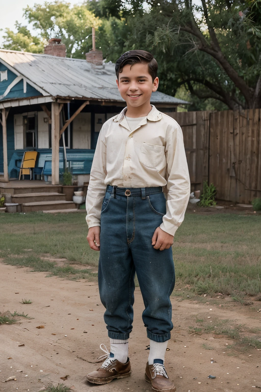 (12 year old boy) ((1940s clothes)) (slender body) (fat body), (black hair) (blue eyes) (white skin) happy expression. full body, western face, ((Location: backyard)), boy child, big eyes. ((1940)) (smiling face) standing, day. (old house, country town)(old yard)((dirty clothes, boy's children's clothes from the forties, shoes, tall socks))((standing))(front view) (looking at viewer) playing