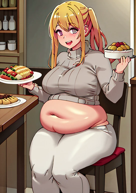 fat, large belly, big belly, very fat, large stomach, chubby (best quality, masterpiece), fat belly, at, large belly, standing, grabbing belly, very fat, large stomach, chubby (best quality, masterpiece), thanksgiving, wearing sweater, grabbing belly, sitting down, table with of food, table tons of food, lots of food, holding belly, table with food, blonde hair