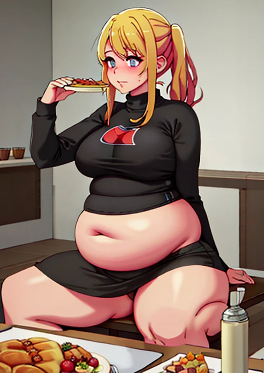 fat, large belly, big belly, very fat, large stomach, chubby (best quality, masterpiece), fat belly, at, large belly, standing, grabbing belly, very fat, large stomach, chubby (best quality, masterpiece), thanksgiving, wearing sweater, grabbing belly, sitting down, table with of food, table tons of food, lots of food, holding belly, table with food, blonde hair