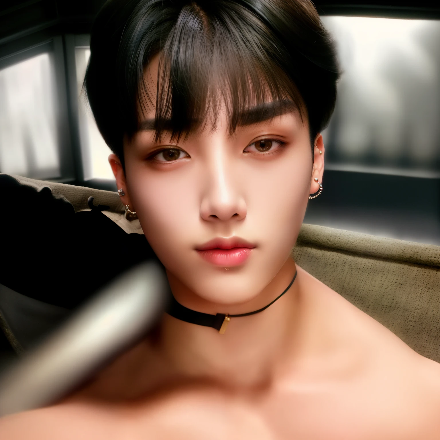 RAW photo , homoerotic asian boy, (high detailed skin:1.2), 8k uhd, dslr, soft lighting, high quality, ultra realistic, best quality, ultra high res, bangs, indoors, detailed face, detailed black hair, detailed eyes, ((detailed lips)), showing armpits, jewelry