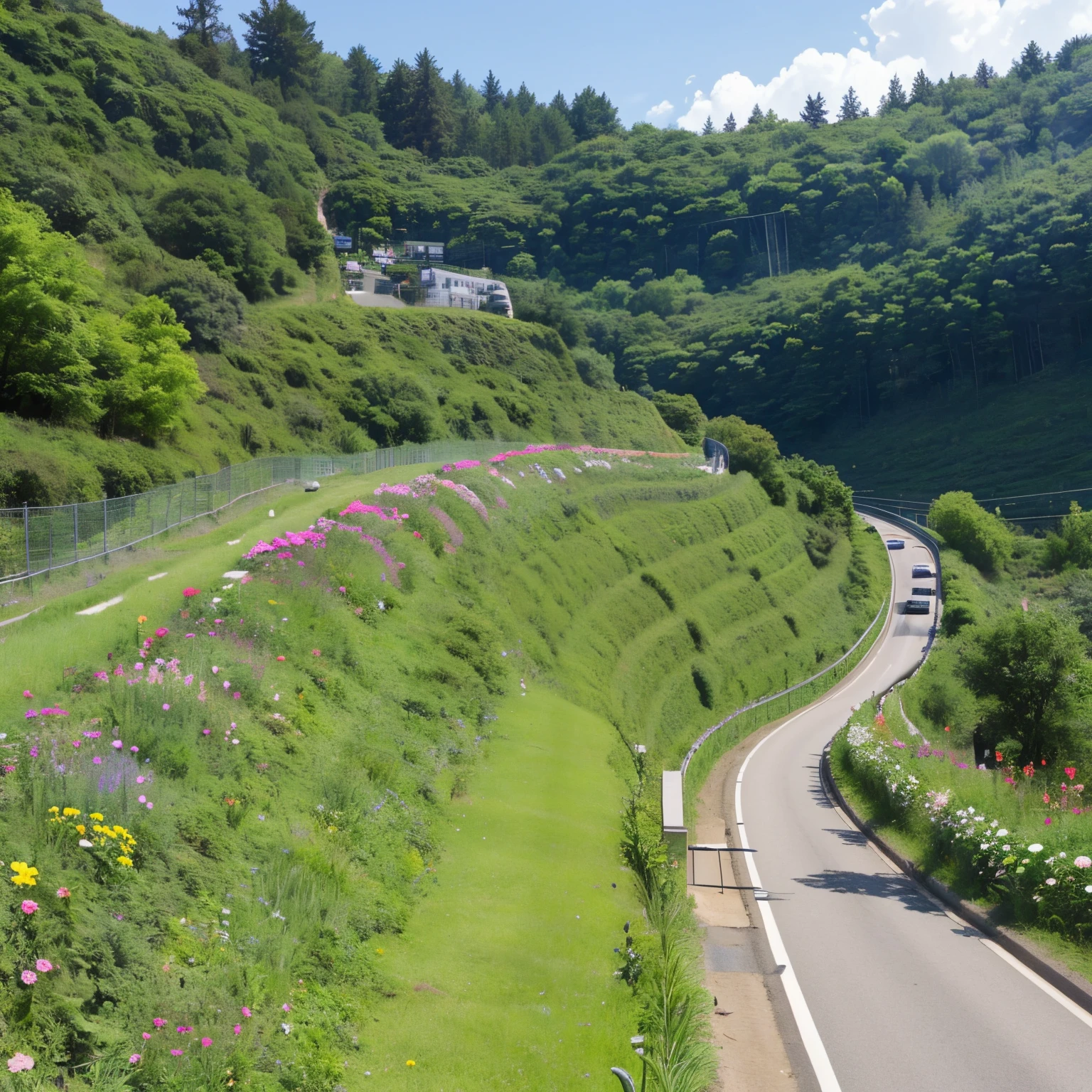 Highway slope protection greening on the left and right sides,The slope on one side about 70 degrees and the plants are full of flowers.,There are mixed plantings of 100 cosmos on the slope. ,Arched planting pits on the other side,There are flowers inside and a ring of ivy