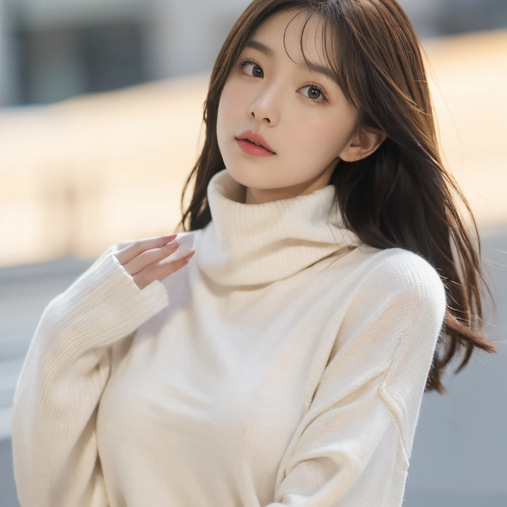 masterpiece,masutepiece、High Quality,Official art、girl with,20age、I'm looking at you shyly,cute face、clear eyes、huge tit、Wearing a beige turtleneck suit、(Turtleneck sweater sleeves that cover your hands a little)、FULL BODYSHOT、The background is a city street