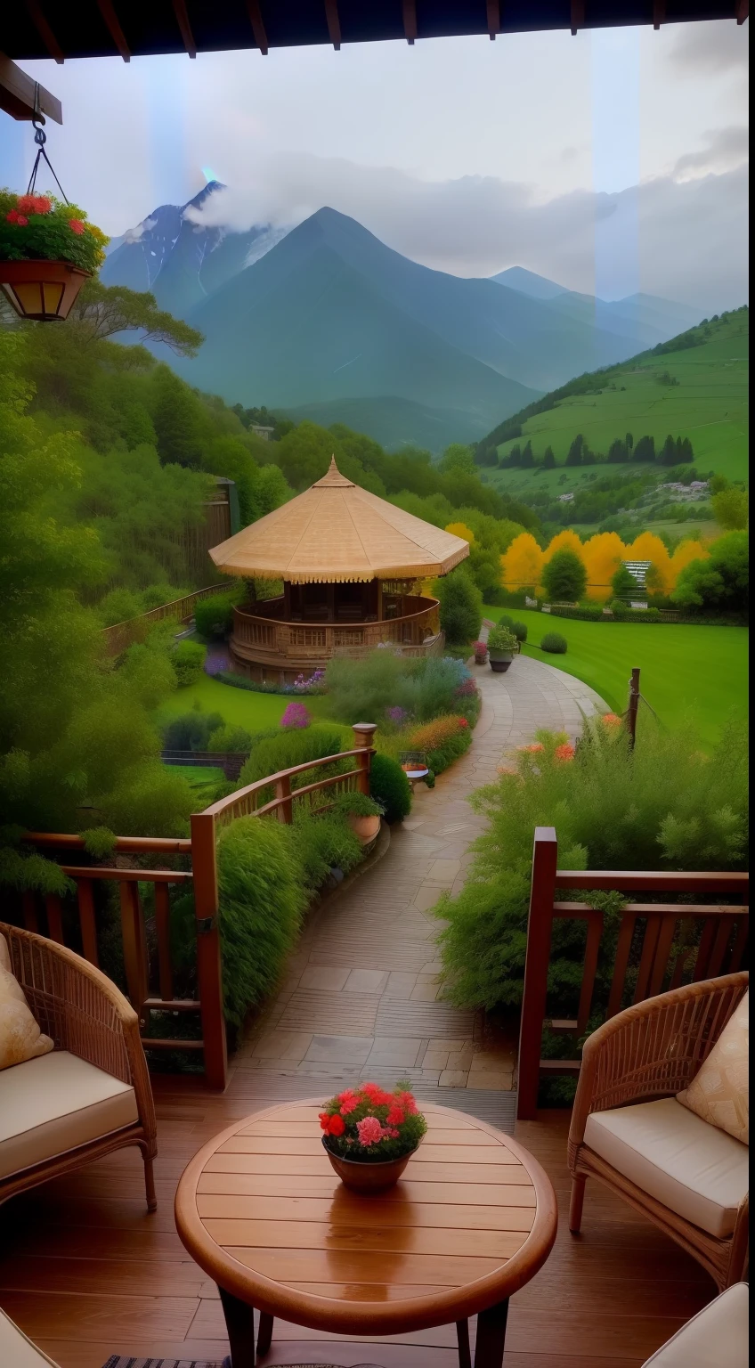 There  a terrace with table and chairs，There  a view of the mountains, Stunning natural background, lush scenery, lush scenery, Beautiful garden, Completely covered by nature, garden landscape, nature wallpaper, amazing scenery, nature scenes, A lush garden in the background, soothing and cozy landscape, Beautiful place, natural landscape beauty, Garden background, amazing scenery