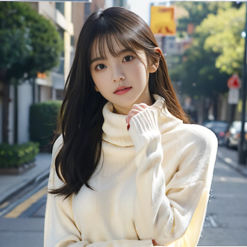 masterpiece,masutepiece、High Quality,Official art、girl with,20age、I'm looking at you shyly,cute face、clear eyes、huge tit、Wearing a beige turtleneck sweater with a net pattern、(Turtleneck sweater sleeves that cover your hands a little)、FULL BODYSHOT、The background is a city street