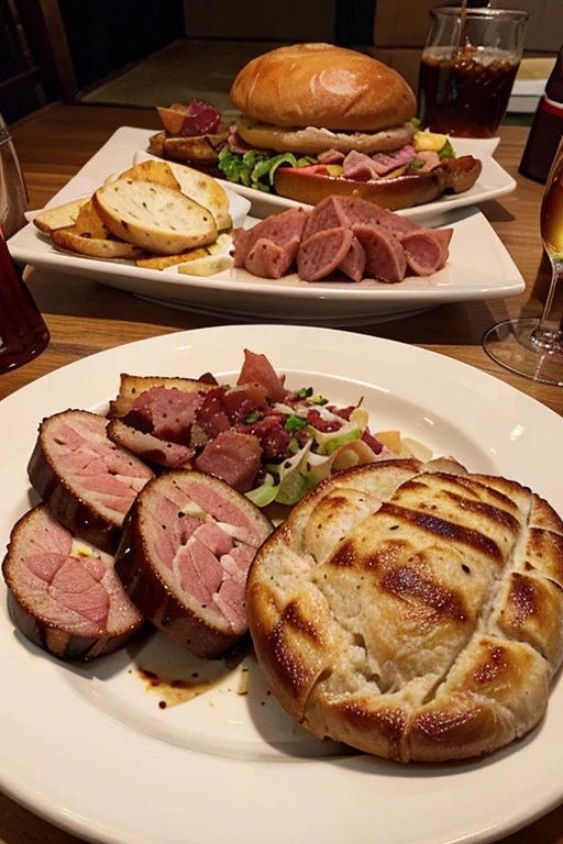 realistic image of a table, with ham, sausage, bacon and a plate of pastrami