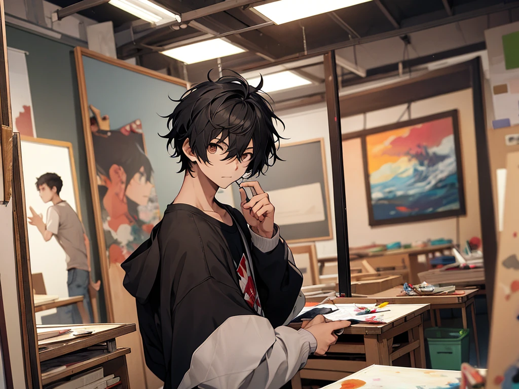 Boy with black hair、One person in the art room