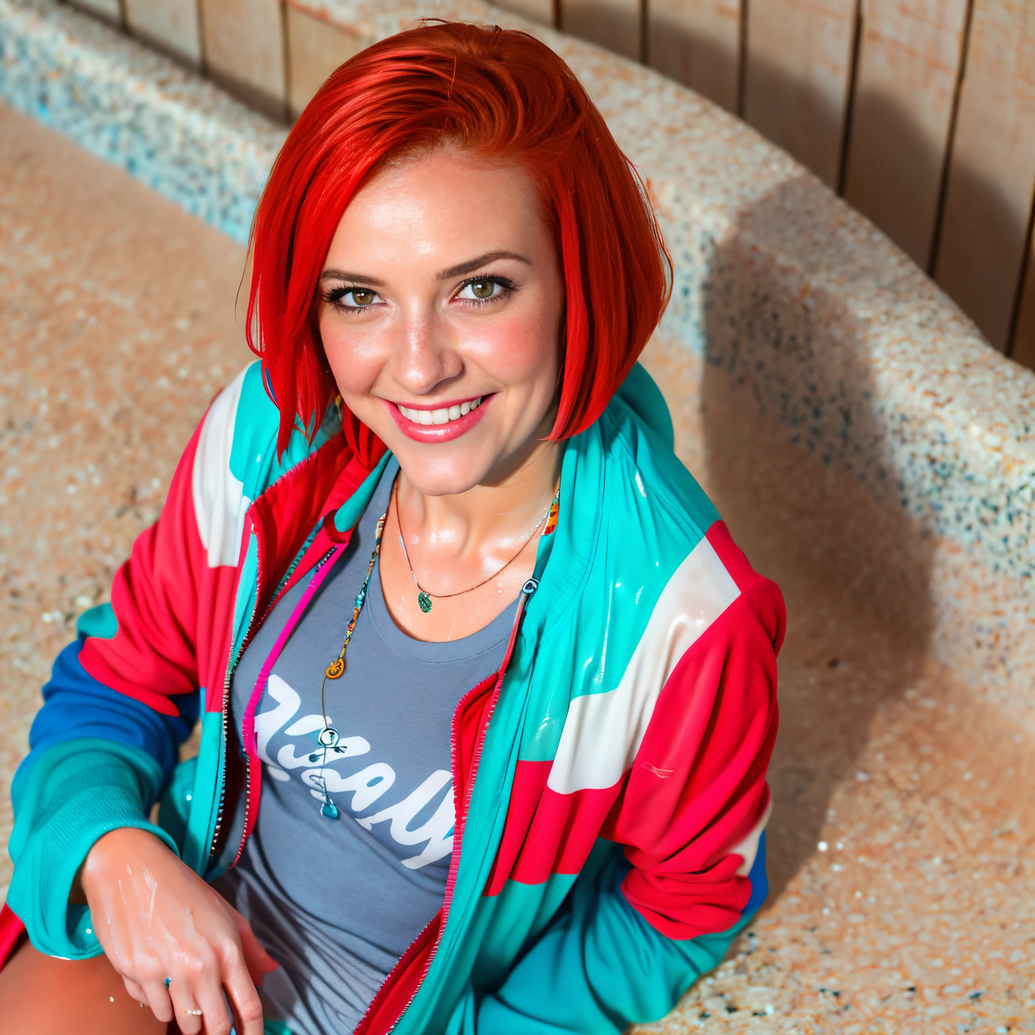 (Best quality, 8k, 32k, Masterpiece, UHD:1.2),Photo of Pretty woman, very short bob hair,upper body,face focus,oversized_shirt, necklace,  background, from above, looking at viewer, dyed red hair, tropical beach, smile, jacket, tunic, wet clothes, wet, soaked