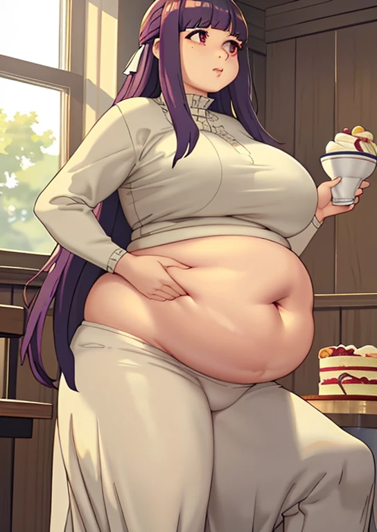Fern, , fat, large belly, standing, grabbing belly, very fat, large stomach, chubby (best quality, masterpiece), fat belly, at, large belly, standing, grabbing belly, very fat, large stomach, chubby (best quality, masterpiece), grabbing belly, sitting down, table with of food, eating cream