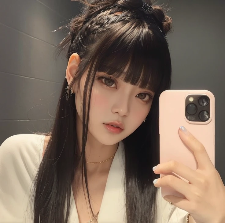 Araffe menina com cabelo preto longo tirando uma selfie em um banheiro, cabelo comprido com franja completa, cabelos longos com franja, Ela tem cabelo preto com franja, Lalisa Manobal, com franja completa, cabelo preto longo com franja, com franja, cabelo arrumado com franja, Lalisa Manoban do Blackpink, branco hime corte penteado, Ulzzang