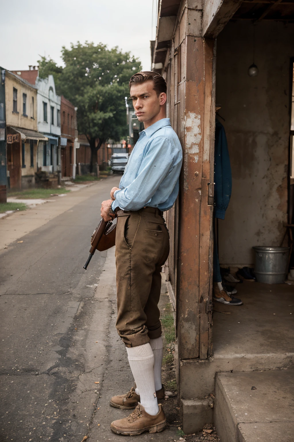 (18 year old boy) ((1950s clothes)) (slender body) (tall, thin body), (brown hair) (blue eyes) (white skin) serious expression. full body, western face, ((Location: old street)), boy. ((1940)) (angry face) standing, day. (old street, country town)(old houses in the background)((dirty clothes, worker's clothes from the forties, shoes, high socks))((standing))(front view) (looking at the viewer) ( (shotgun in hands))