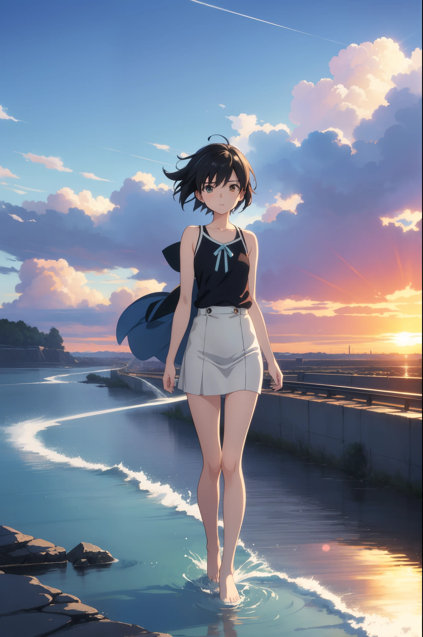 tmasterpiece,(Anime train passing through bodies of water on tracks),Picture of Makoto Shinkai,pixiv,concept-art,Breathtaking scenery。Lofi art style,Reflectory makoto shinkai, lofi art, beautiful anime scenes, Anime landscapes, Detailed scenery —width 672, in style of makoto shinkai, style of makoto shinkai,Detail enhancement。