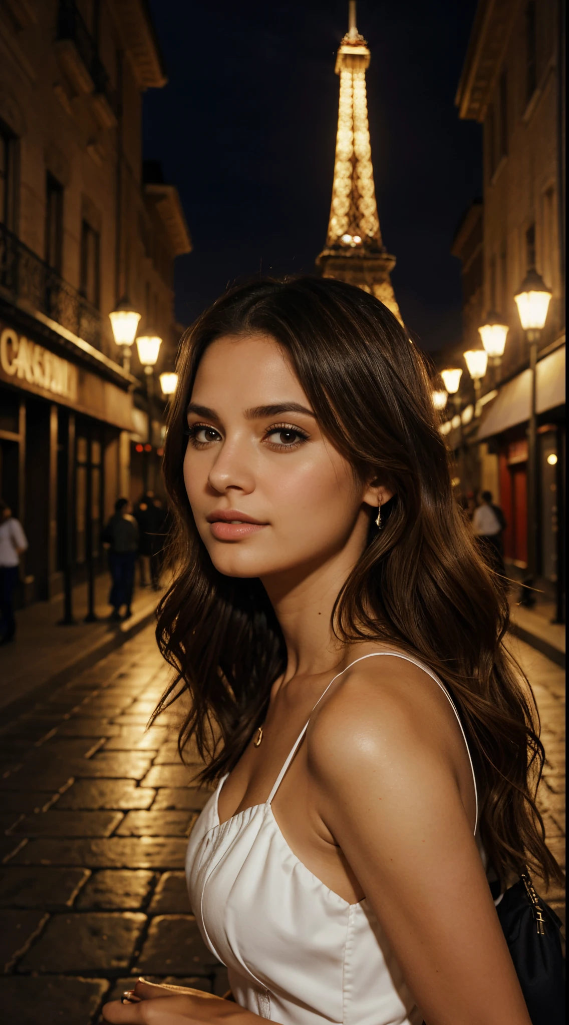 1girl, Caminando por la Torre Eiffel con vestido de noche de cuerpo entero. Sus labios deben estar separados de manera realista., with a half-length photographic composition. Garantizar una ultra-detallada, High-quality rendering focused on your skin. (1.2) in the best possible resolution (1.0). El cabello debe ser ondulado y meticulosamente detallado., en cascada en largas hebras, todo bajo el sol radiante. Pay special attention to creating beautifully detailed makeup., including a blush and labored breathing, con una profundidad de peso emocional de 1.0. ambiente nocturno