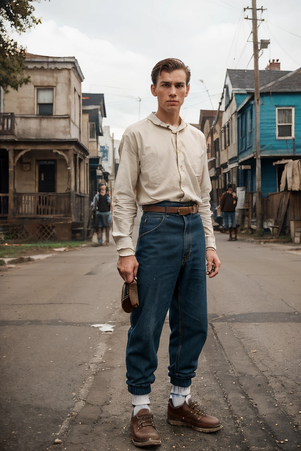 (18 year old boy) ((1950s clothes)) (slender body) (tall, thin body), (brown hair) (blue eyes) (white skin) serious expression. full body, western face, ((Location: old street)), boy. ((1940)) (angry face) standing, day. (old street, country town)(old houses in the background)((dirty clothes, worker's clothes from the forties, shoes, high socks))((standing))(front view) (looking at the viewer) ( (shotgun in hands))