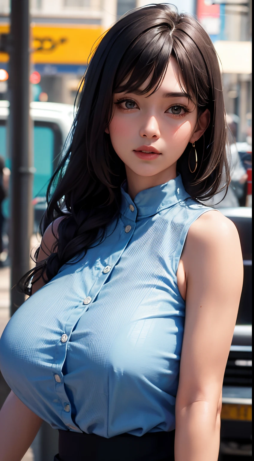 maam,Blue shirt,Sleeveless,Realistic details, A high resolution,bokeh,excellent detail,,humongous large breast,The upper part of the body