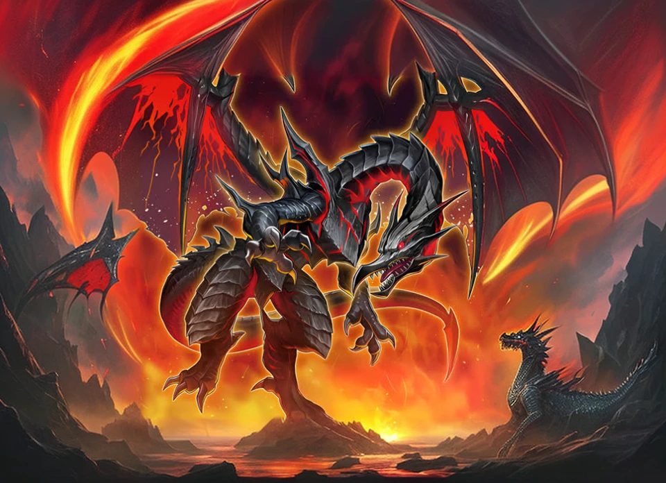 There is a dragon with a red and black face and wings., Slifer the dragon of the sky, colossal dragon as background, legendary dragon, Black dragon, Colossal dragon in the background, epic dragon, dracónico, fire dragon, Arte de Dragon Mawshot, Drachenlord, dragon knight, Alamuerte, Ancalagon el Negro, demonic dragon inspired armor, A majestic Gothic Dragon