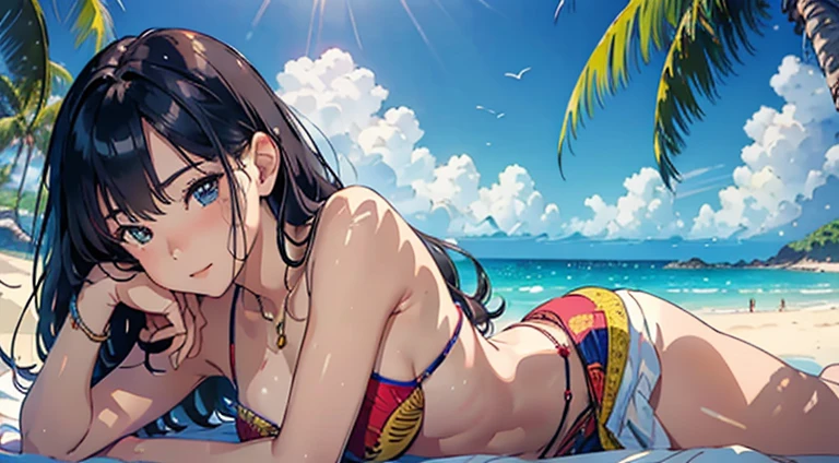 ​masterpiece、top-quality、超A high resolution、 [ 4 k digital art ]!!、 8k high quality detailed art、Wallpaper、 Detailed Digital Anime Art、Realisticity、Cinema Angle、hposing Gravure Idol、(((Two beautiful girls)))、((Lie down by taking advantage of the other person#39;Use your knees as a pillow))、cute  face、 ((Detailed depiction of a beautiful face))、kindly smile、年轻、Bikini swimwear、Photorealistic perfect body、(Bold ethnic patterns wrapped around the waist and skirt and plenty of primary colors)、light Particle、llight rays、Tropical、Against the background of palm trees on both sides、on a sunny beach、Against the background of the sea、blur backgroun、